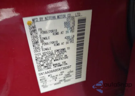 2005 Nissan Armada Le from USA, damaged, VIN 5N1AA08A95N738397